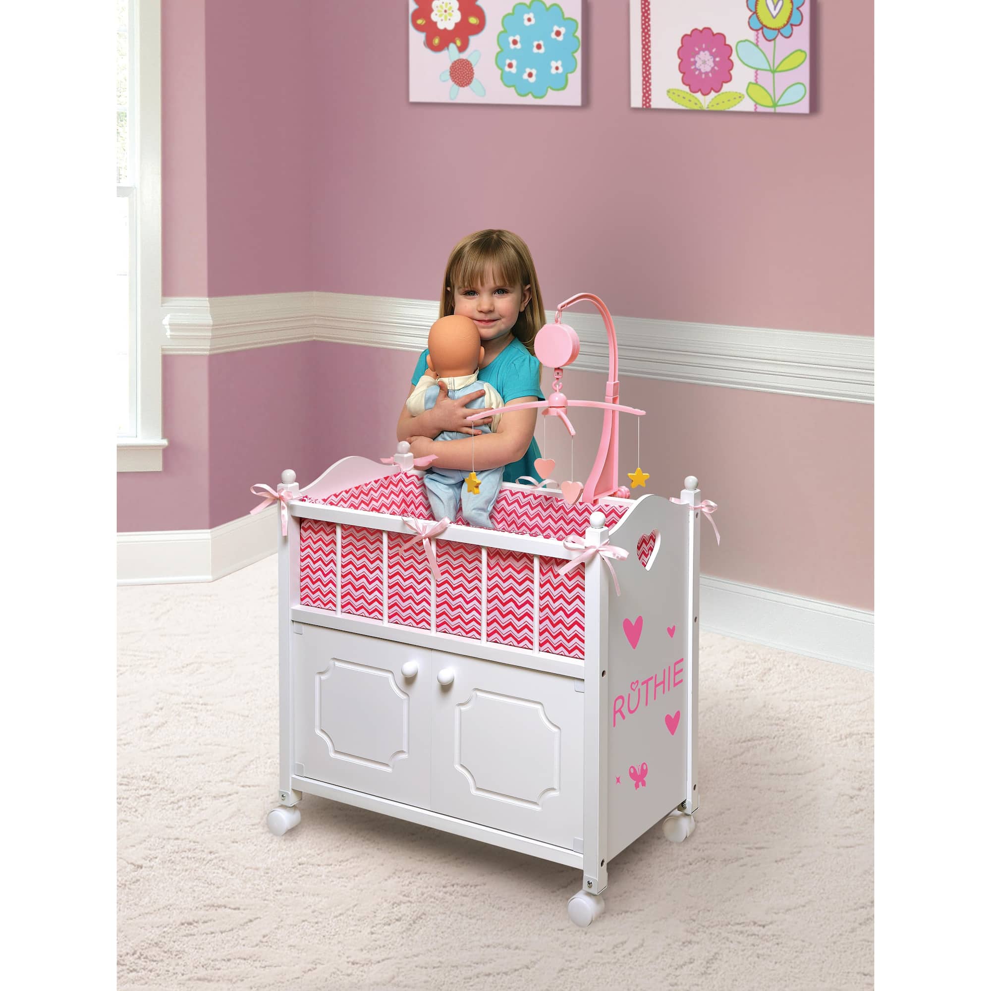 Badger Basket White Cabinet Doll Crib with Pink & White Chevron Bedding